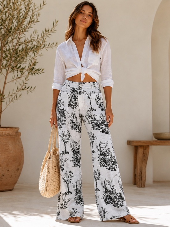 Joie Pants - Joie 100% Linen Wide Leg Pants Black White Toile Print Relaxed Coastal Size 10